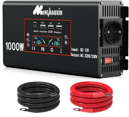 Wechselrichter 12v Auf 230v 1000W Spannungswandler Reiner Sinus Power Inverter DC Umwandler Mit Eu-Steckdosen 3 USB-Anschlüsse Für Haushaltsgeräten KFZ Konverter(Spitzenleistung 2000 Watt)