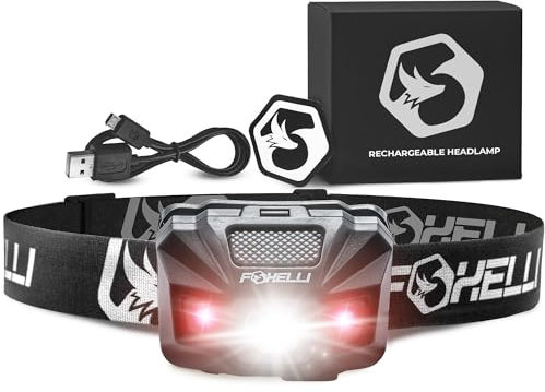 Foxelli USB lampe frontale rechargeable lampe de poche – 100 heures de lumière constante sur une seule Charge, Ultra Lumineux, étanche, deux Câbles Mini USB de chargement de distribution, Black-Mini