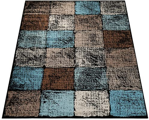 Paco Home Designer Teppich Wohnzimmer Ausgefallene Farbkombination Karo Türkis Braun Creme, Grösse:60x100 cm