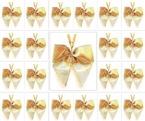24 Stück Lurex-Glitzer-Schleifen Weihnachtsbaum 6 cm mit extra langem Befestigungs-Clip (Gold Glatt)