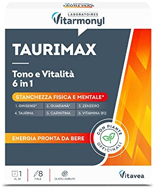 Vitarmonyl Tono e Vitalità 6in1 - Per Stanchezza Fisica e Mentale - 8 Fiale | Con Ginseng, Guaranà, Zenzero, Taurina, Carnitina e Vitamina B12 - Piante Officinali - Senza Glutine, Vegano - Arancia