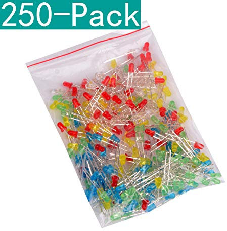 Youmile 250-Pack (5 colors x 50-Pack) 3mm LED Light Emitting Diode Lamp Diffused Assorted Kit (White Red Green Blue Yellow)