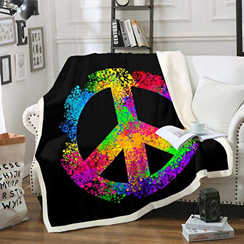 Feelyou Hippie Peace Art Sherpa-Decke, Peace-Zeichen, Kunstwerk für Couch, Reisen, Sofa, bunt, Batik-Fleece, Regenbogen, flauschig, Raumdekoration, Plüsch-Überwurf, Decke, Queensize, 228,6 x 228,6 cm
