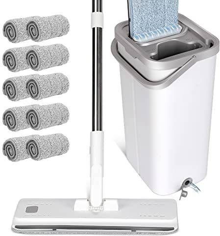 Masthome Juego De Fregona Plana y Cubos, Mopa Fregona con 5 Almohadillas Reutilizable, Fregona Plana de Microfibra con 140 cm Mango de Acero Inoxidable, para Limpieza, Pisos, Madera Dura, Azulejos
