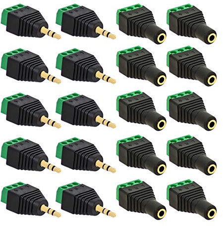 10x Klinken Stecker + 10x Buchsen 3,5mm Adapter > Terminalblock 3 Pin Schraub Klemme Set