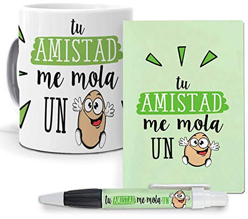 Pack Original y Personalizado para Regalo, con Expresiones y Frases graciosas. Tu Amistad me Mola un Huevo. Libreta, boligrafo y Taza Maxima Calidad.