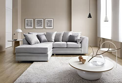 Abakus Direct Left Hand Corner Sofas for Living Room - Stylish Chicago L Shaped Sofa with Water Repellent Velvet Fabric | Contemporary Chaise Lounge Sofa Corner in Light Grey | 212Wx164Dx78H