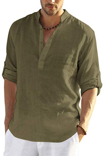 COOFANDY Chemise en Lin à Manches Longues pour Hommes - Coton, Loisirs, Regular Fit, Col Montant Henley - Vert Armée L
