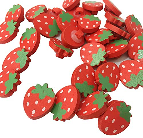 JIHUOO 50 Stück Erdbeere Holzknöpfe Bunte Holz Knopf Nähenknöpfe Kinderknöpfe Puppenknöpfe Deko Knöpfe für Kinderbekleidung Rot