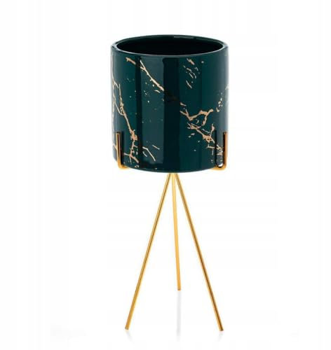 HowHomely Blumenständer Metall 32,5 cm Hoch mit Keramik-Blumentopf 13 cm Ø auf robustem Ständer - Pflanzenständer in Grün Marmor-Optik für die Innendekoration