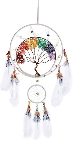 Attrape-rêves en forme d'arbre de vie à 7 chakras Décoration murale avec pierre de cristal de guérison arc-en-ciel Attrape-rêves en forme de plume blanche pour chambre à coucher Cadeau de bénédiction