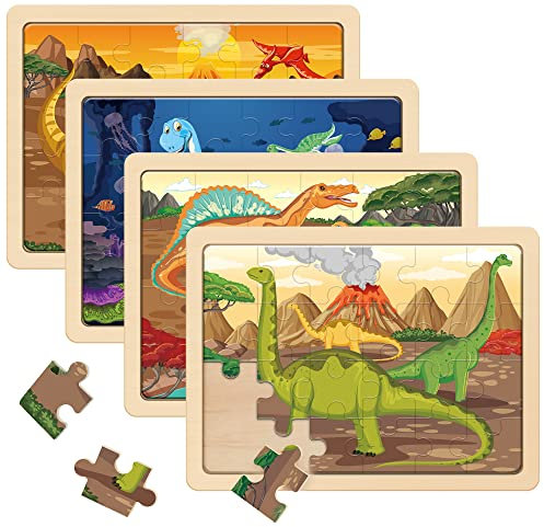 SYNARRY Dinosaurier Puzzle ab 3 4 5 6 Jahre, 4x24 Teilen Kinder Dino Holzpuzzle, Vorschule Lehrreiches Spielzeug, Geschenke für Kinder für Jungen und Mädchen