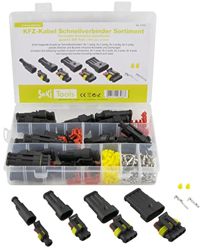 SeKi KFZ Kabel Steckverbinder Sortiment 300 teilig (für 26 Steckverbindungen) 1- bis 4-polig; IP67 wasserdicht; für Auto Motorrad LKW Boot