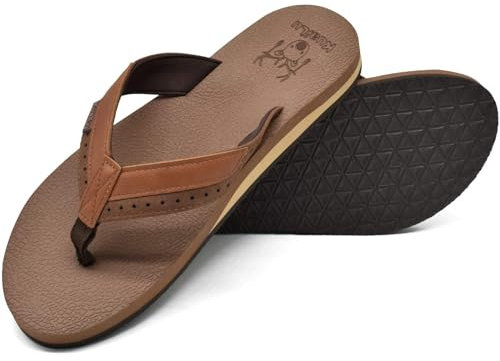 KuaiLu Tongs Hommes été Cuir en Tissu Plage Flip Flops Confort Soutien Voute Plantaire Tongue Sandales Orthopedique Mousse de Yoga Piscine Antidérapantes Douche Claquette Marron foncé 46