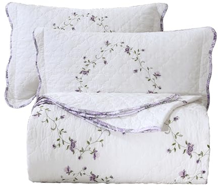 vctops Elegantes Tagesdecken-Set mit Blumenstickerei, 100% Baumwolle, wendbar, Patchwork-Motiv, 1 Steppdecke und 2 Kissenbezüge, 3-teilig, Oversize-Queen-Size, Violett