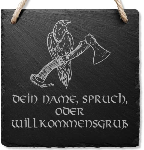 Kreativknoten - personalisiertes Türschild aus Schiefer mit persönlicher Gravur – Beschriftung frei wählbar - Motiv Rabe auf Axt