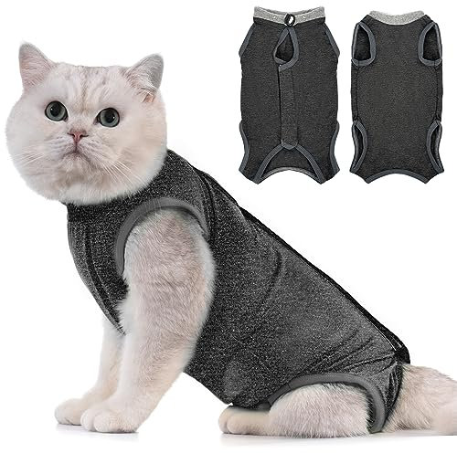 Avont Cat Recovery Suit Post Surgery, Elizabethan Collar & Cone Alternative, Kitten Onesie Pet Surgical Spay Shirt for Abdominal Wounds or Skin Diseases -Darkgrey(S)