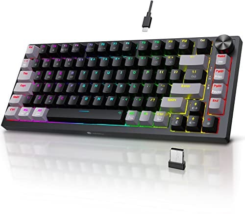 KOORUI Gaming Keyboards, 26 RGB Backlit Mechanical Keyboard Wireless/Wired Compatible Bluetooth 82 Keys Rechargeable 4000mAh Battery UK Layout Gamer Keyboards for Windows MacOS Linux (Blue Switch)