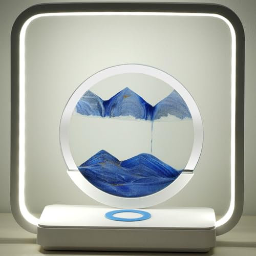 TOWEBOORY Dynamic Sandbild, Sandbilder zum Drehen mit LED Nachtlicht 26x25x9,6cm Sand Kunst mit USB-Kabel 360° Drehung Fließende Sandmalerei Treibsandlampe für Wohnkultur Bürogeschenk(Blau)