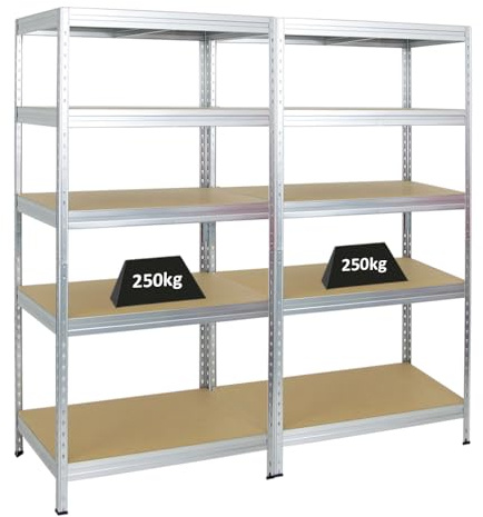 PROREGAL Mega Deal 2er-Set Schwerlastregal Rivet | HxBxT 180x90x60cm | Fachlast 250kg | Verzinkt | Innovatives Stecksystem, Verzinkt, Garagenregal, Lagerregal, Kellerregal