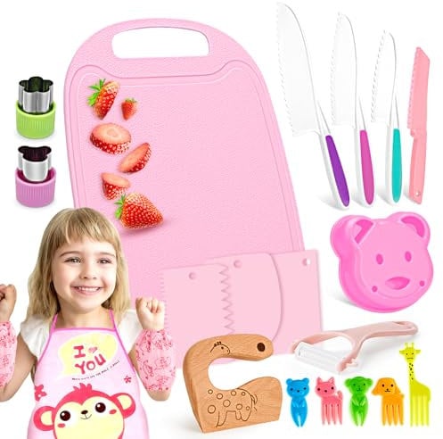 FANTICDE Kids Cooking Set,26 Piece Kids Knife Set,with Wooden Knife,Vegetable Cookie Cutters,Plastic Toddler Knife,Crinkle Cutter,Y Peeler,Chopping Board,Fruit Forks,Kids Aprons Set(Little Monkey)