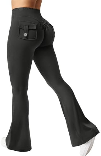 ZAAYO Damen Scrunch Flare Leggings mit Pockets Workout Leggings Damen Butt Lifting Gym Yoga Leggings Schwarz M