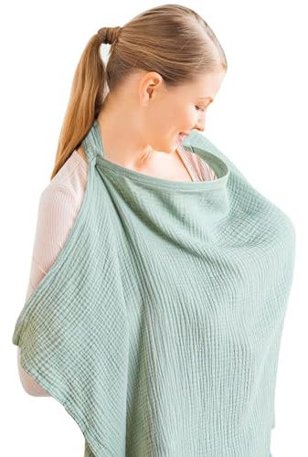 Breastfeeding Cover, Muslin Cotton Soft Adjustable Mother Nursing Cover | Breast Feeding Coverall with Adjustable Strap, Lightweight Breastfeeding Shawl for Car Seat Blanket, Stroller Coverall（Green）