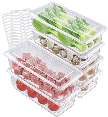 ZOFUN 8 Pcs Fridge Storage Containers with Lids, 29.5 x 12 x 8 cm Fruit Fridge Containers with Draining Bottom, BPA-Free Plastic Fruit Storage Containers for Freezer Vegetables, Meat, Fish