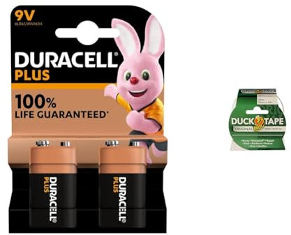 Duracell Plus 9V Batteries (Pack of 2) - Alkaline - 100% Life Guaranteed - Reliability For Everyday & Duck Tape Original White, 50mm x 10m. The original high strength waterproof gaffer