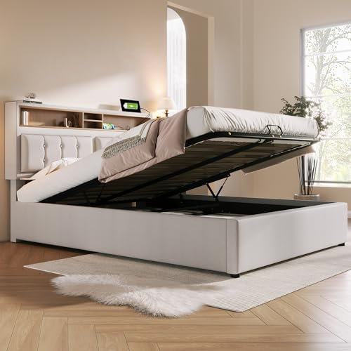 Polsterbett 140x200 cm, Gepolstertes Bett Kopfteil mit Staufach und USB-Ladefunktion, Doppelbett mit Stauraum und Lattenrost, Hydraulisch Stauraumbett Funktionsbetten Jugendbett, ohne Matratze, Beige