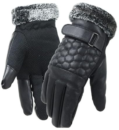 BKEKM Handschuhe Warme Handschuhe für Herren, Winterwärmer, Samt-Lederhandschuhe, Winddicht, gefüttert, dick, Fahrradhandschuhe und Samt-Vollfingerhandschuhe weich