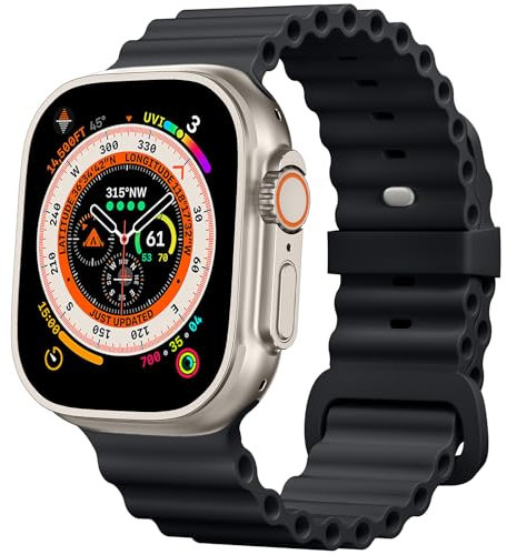 CeMiKa Océan Bracelet Compatible Avec Apple Watch 49mm 45mm 44mm 42mm, Boucle en Silicone Souple Amélioré Pour iWatch Ultra 2 Ultra Série 9 8 7 6 5 4 3 2 1, Noir
