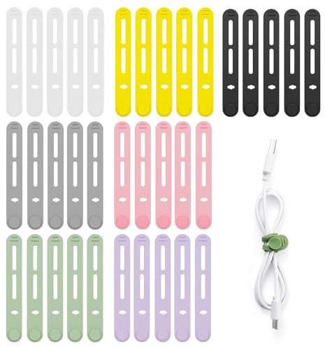 LHOEST 35 PCS Silicone Cable Ties Reusable, 7 Colors Elastic Cable Tie for Charger Tidy, Rubber Adjustable Cable Ties for Organiser