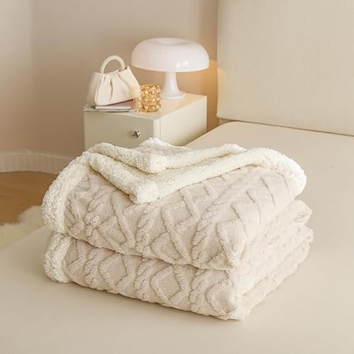 RongRongIN Kuscheldecke 150x200 cm Herbst Winter Flauschig Decke für Bett Sofa Couch – Beige Weiß, Extra Weich Doppelgesicht Wohndecke Tagesdecke Sofadecke Couchdecke Überwurfdecke Biber Warm