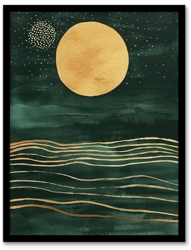 Artery8 Boho Abstract Full Moon Dark Green Gold Seascape Bathroom Toilet Art Print Framed Poster Wall Decor 12x16 inch