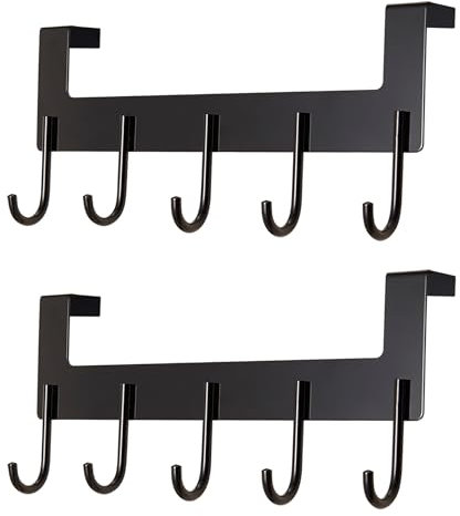UDENIS Over The Door Hooks Coat Rack,Over The Door Towel Hanger Drying Rack,Heavy Duty Aluminum Over The Door Towel Rack Hooks for Hanging Coat, Bag, Robe - 5 Hooks Black Color 2 Pack
