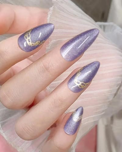 OXDOHUE 24 piezas de uñas postizas moradas estilo blanqueador de otoño e invierno con pegamento, uñas postizas nobles adecuadas para bodas y cumpleaños