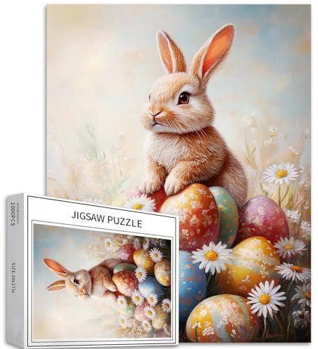 Niedlicher Osterhase sitzende bunte Eier, 1000-teiliges Puzzle für Erwachsene, Ostereier-Puzzle, Oster-Puzzle, anspruchsvolle Familienaktivitäten, buntes Bastelpuzzle für Heimdekoration, Geschenke, 50