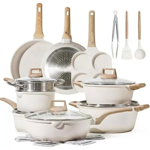 21Pcs Pots and Pans Set, Nonstick Cookware Sets, White Granite Induction Cookware Non Stick Cooking Set w/Frying Pans,21 Piece,one