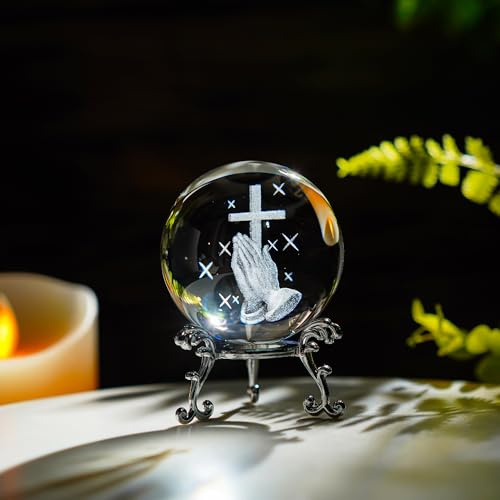 ZEERSHEE 60 mm 3D-Lasergravur, Hand mit Kreuz, Kristallkugel mit Ständer, transparente christliche Sammlerdekoration für Zuhause, Büro, betende religiöse Geschenke für Frauen