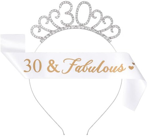30. Geburtstag Krone Schärpe, 30 Geburtstag Frauen Deko Schärpe und Tiara, 30. Geburtstag Geschenke Krone für Birthday Party, für 30 Geburtstag Deko Geschenk und Frauen Party Accessoires (Weiß)