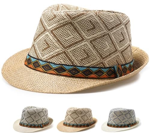 Initlove Straw Fedora Hat for Men Women Summer Short Brimmed Trilby Hats Khaki