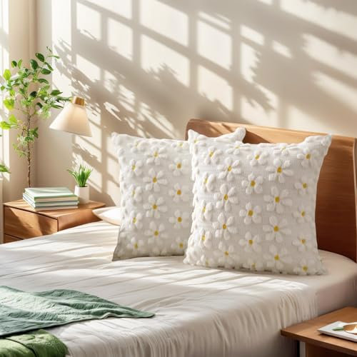 OuMaiFeng 2 Gänseblümchen-Kissenbezug 45x45 cm,Deko Kissen Für Wohnzimmer,Kissen Aesthetic,Zimmer Deko Aesthetic - Hochwertig Und Langlebig Aus Polyester,Maschinenwaschbar,Einfach Anzuziehen.