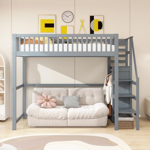 Ball & Cast Hochbett 90x200 mit Treppe, Holzbettgestell mit Aufbewahrungsregal und einfachem Kleiderschrank für Schlafzimmer,Grau