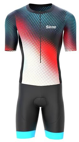 Sikma Men’s Half Sleeve Trisuit Breathable Mesh Triathlon Padded Suit with Hi Viz Reflection One Back Pocket and Power Band Leg Grippers Trisuit (Black/Red, Small)