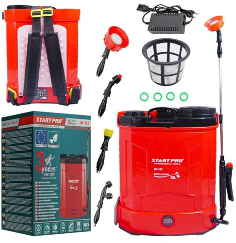 StartPro Drucksprüher 12L, 5.5Bar Stärker Drucksprüher,12V 12Ah, 4 Düsen Elektrischer Pflanzensprüher Einstellbare Sprühstärke（Ladegerät enthalten）