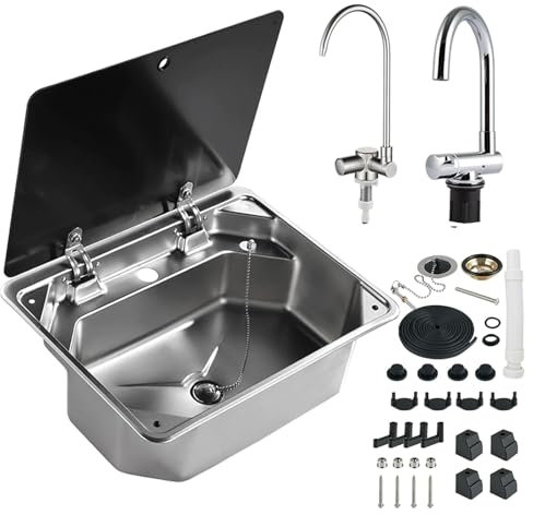 CHBMZ Évier de Bar pour Camping-Car avec 2 Robinets, Lavabo Simple en Acier Inoxydable à Encastrer avec Couvercle en Verre, pour Cuisine de Camping-Car, Caravane