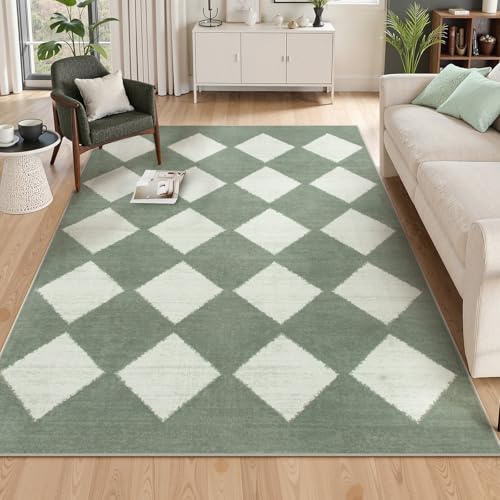Lahome Checkered Washable 5x7 Rugs for Living Room Green Rug for Bedroom, Soft Dining Room Rugs for Under Table, Diamond Trellis Throw Carpet for Entryway Dorm Kids Playroom (5'x7',Green)