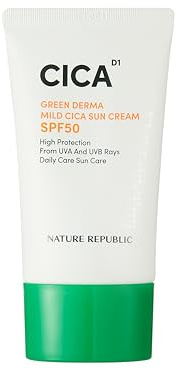 NATURE REPUBLIC Green Derma Mild Cica Sonnencreme SPF50+ PA++++ UVA & UVB Schutz, Für Empfindliche Haut, Beruhigende Sonnencreme mit Centella Asiatica CICA, 50 ml