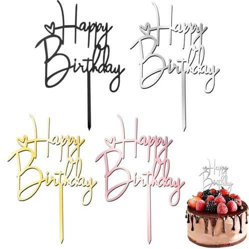 LIQWEI 4 Stück Happy Birthday Tortendeko, Acryl Happy Birthday Cake Topper Wiederverwendbarcake Geburtstag Party Dekoration Für Frauen und Männer Geburtstag Jahrestag Andenken Valentinstag
